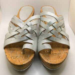 Silver Donald Pliner sandals with earthy cork-covered wedge size 9
